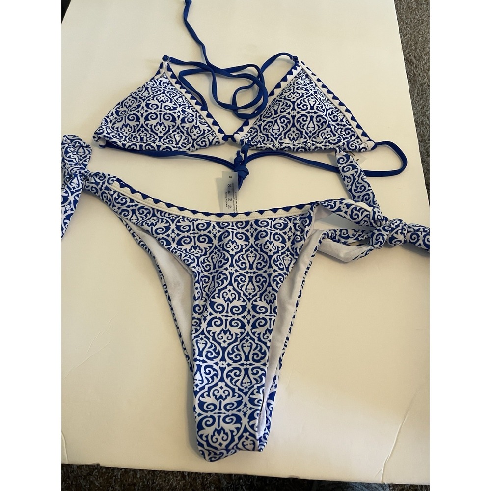 Shenhe 2 Pc Bikini Swimsuit Sz Small  Blue Halter Side Tie Bottom C108
